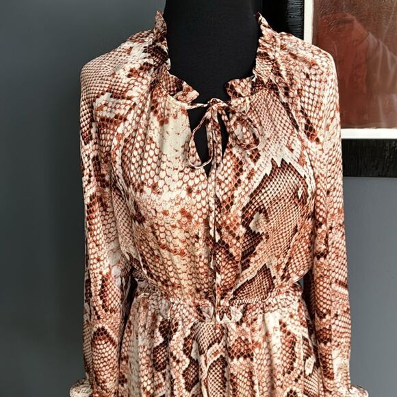 THML rust/brown tones stretch snakeskin print ruffle accent midi. Small. - Picture 2 of 9